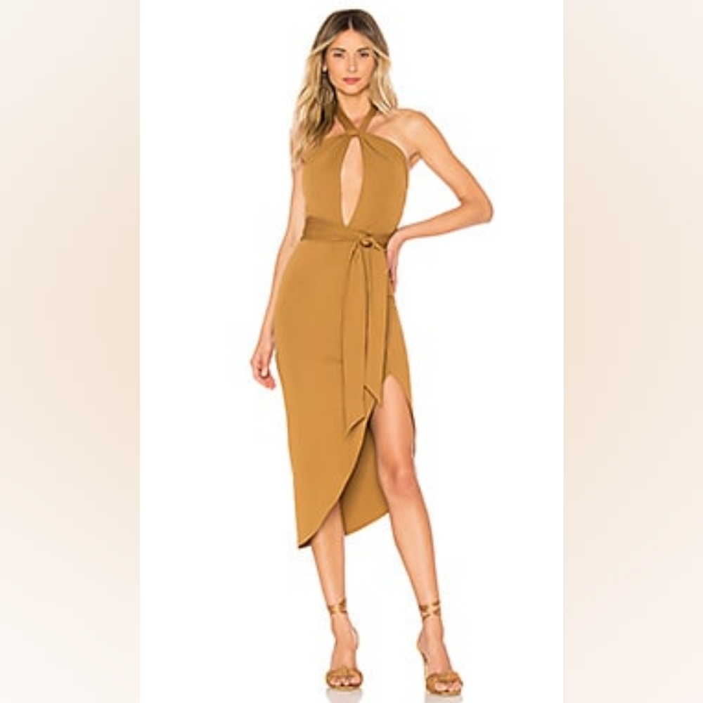 NWT House of Harlow 1960 x Revolve “Loretta” Tie Neck Midi Dress in Toffee M